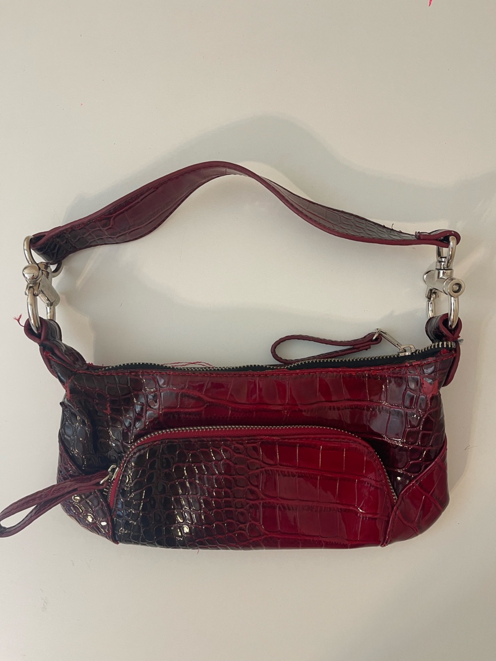 Women’s Croc-Embossed Burgundy Shoulder Bag with Front Zip Pocket